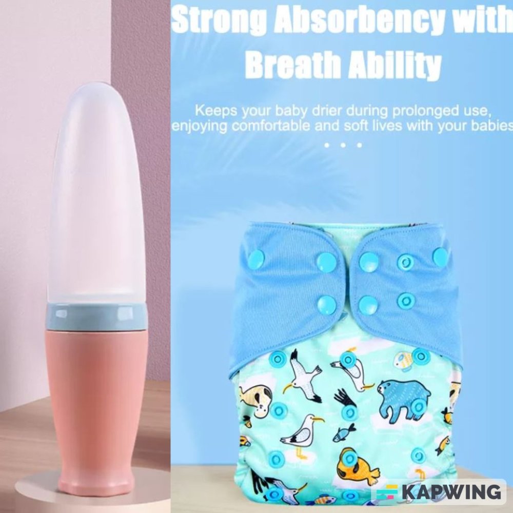 Silicon Baby Feeder Bottle (1 Piece) + Reusable Diapers for Babies (2 Piece)
